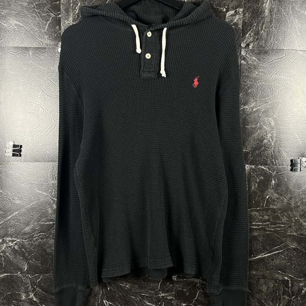 Polo Ralph Lauren Men's Black Vtg Waffle Thermal Hoodie Fits Medium